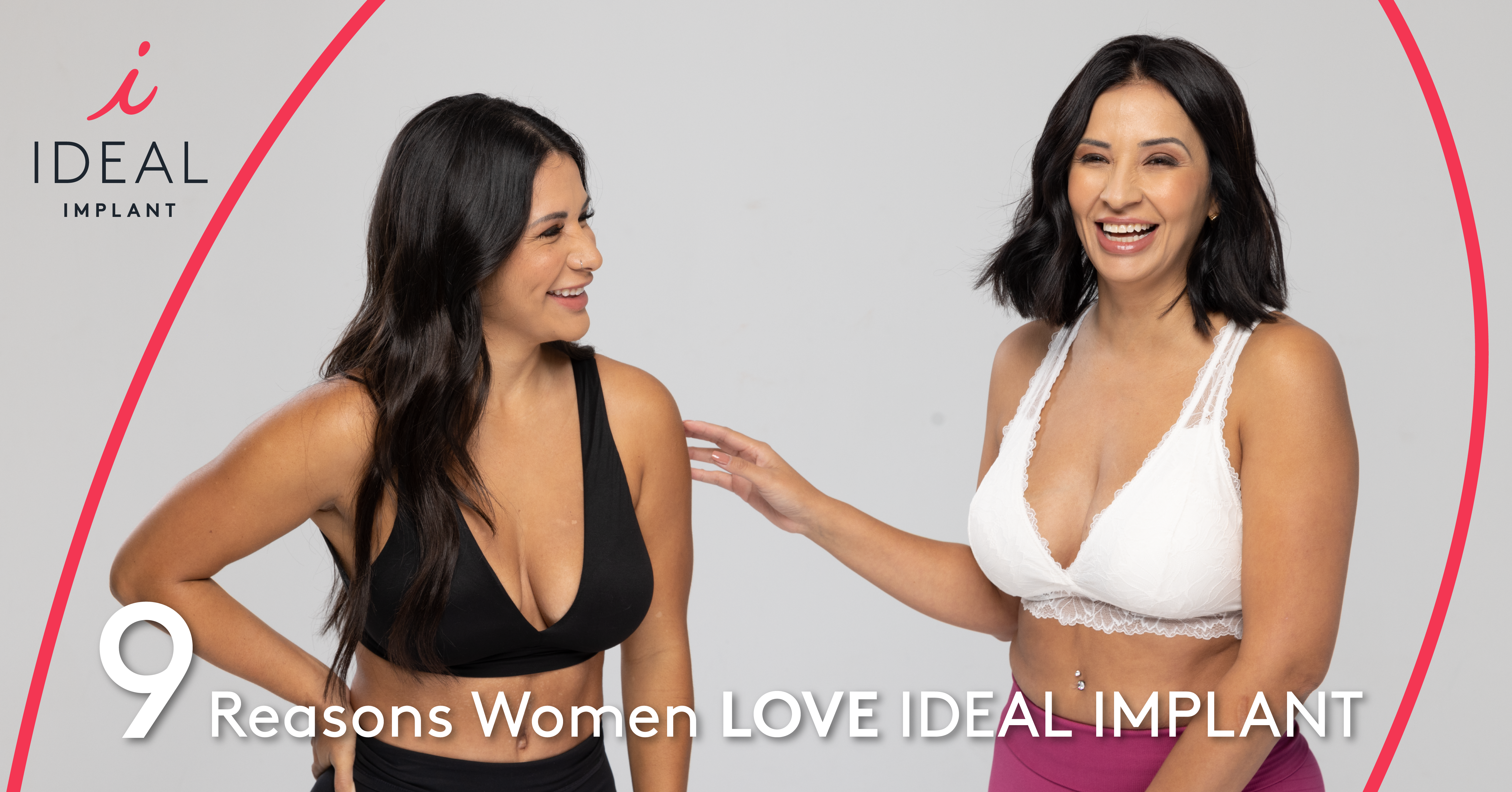 Two women, who are actual IDEAL IMPLANT patients, laughing and smiling together while wearing athleticwear.